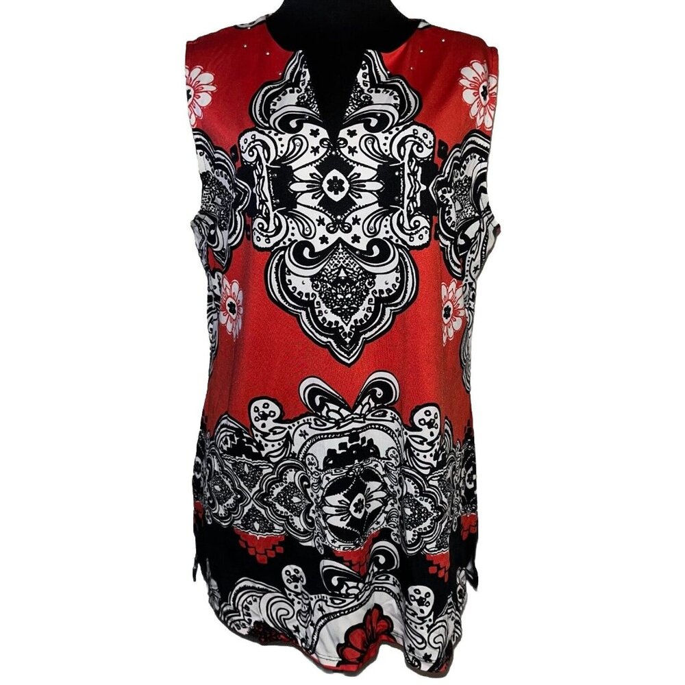 Fred David Sleeveless Blouse V-neck Studded Stretch Black Red Sz L